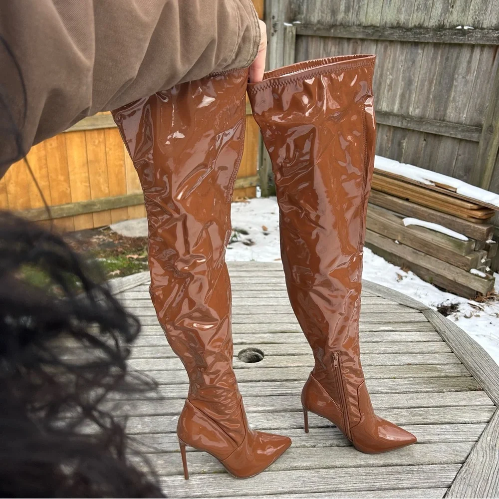 Steve Madden Patent Viktory Cognac Pat Thigh High Over Knee Boots size 6.5‎